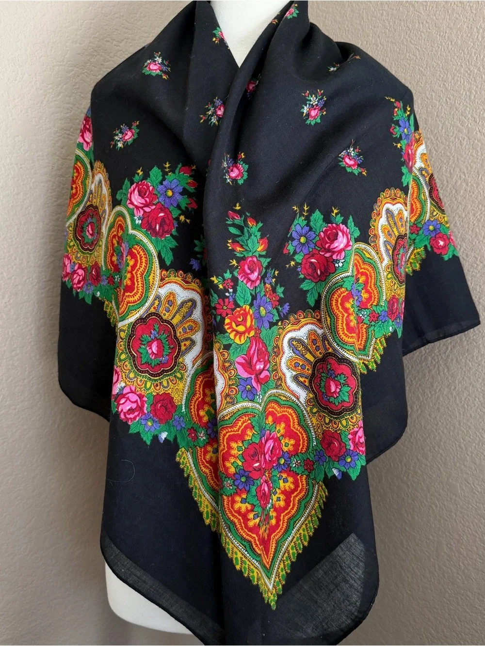 Vintage Russian Wool Floral Square Shawl Black Folk Scarf Wrap 50”x50”